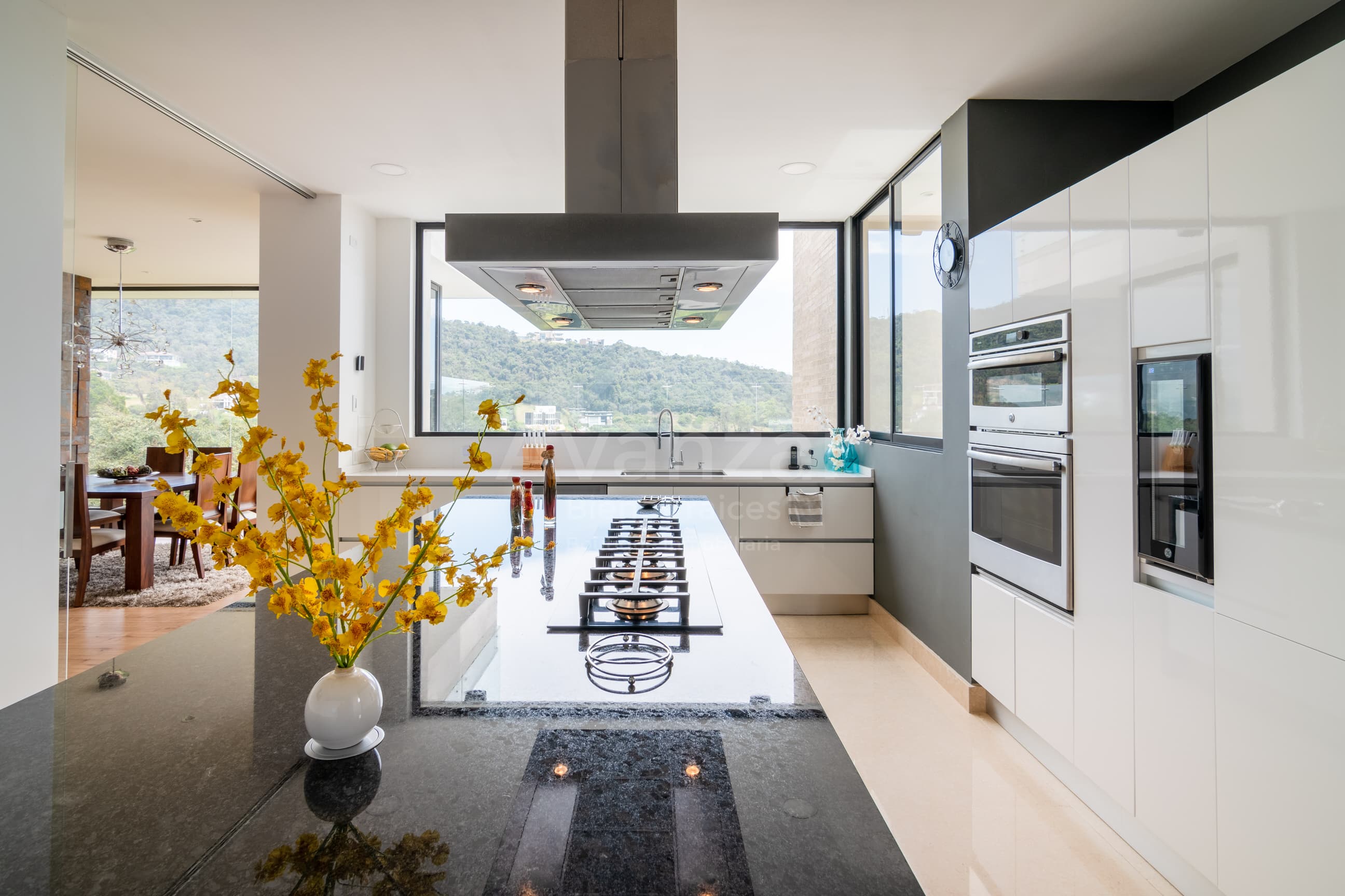 Isla de cocina en granito con vista a las colinas boscosas